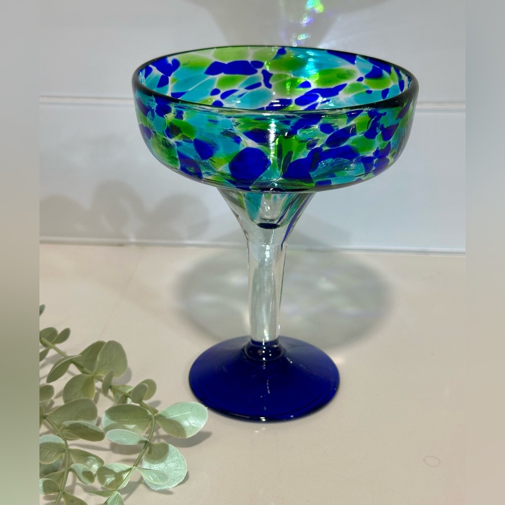 Italian Margarita Glass Confetti Goblet Clear Stem Blue Turquoise Hand Blown